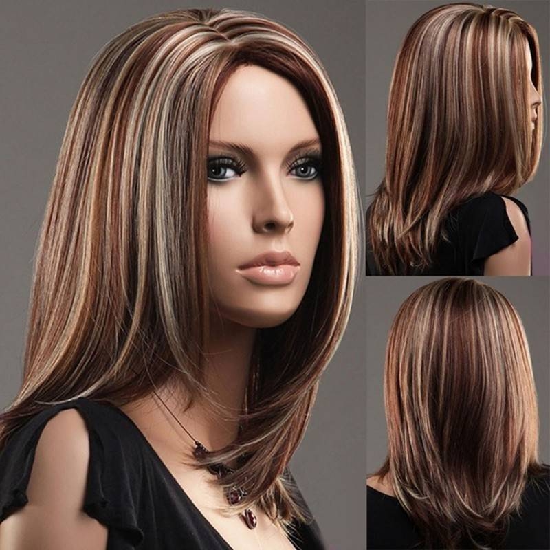 European and American ladies divide the wig brown stains and the color middle long straight hair bangs bobo wig