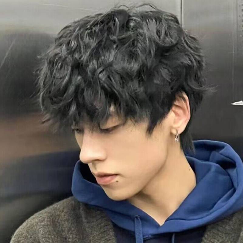 Wig Men's curls tin foil, fashionable, wool roll short hair, natural fluffy student daily simulation full set