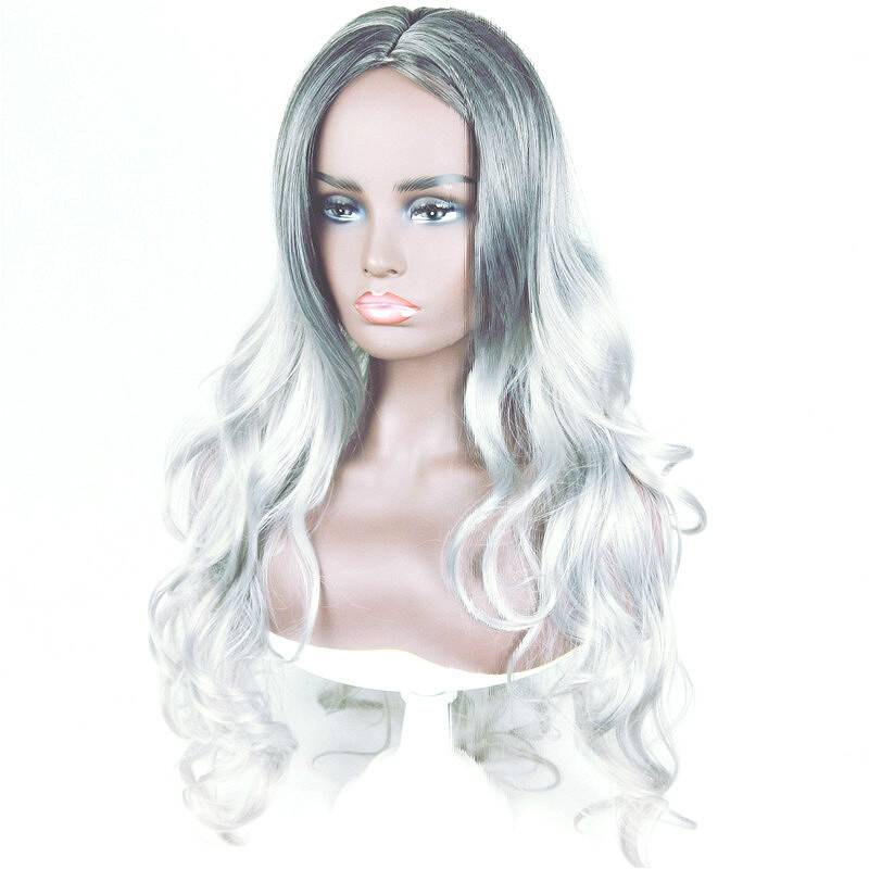 Amazon's new wig female grandmother gray fiber head black and gray gradient long curly hair wig factory