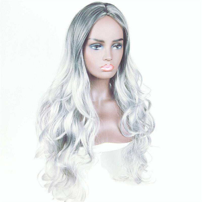 Amazon's new wig female grandmother gray fiber head black and gray gradient long curly hair wig factory