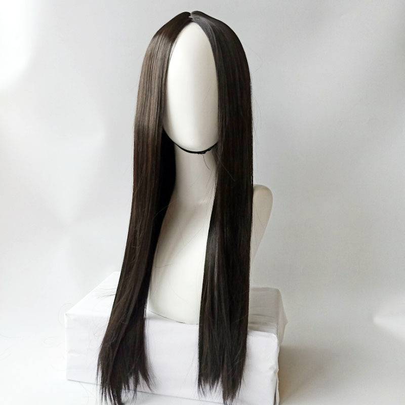 Cross -border new product wig Ms. Black mid -length straight hair chemical fiber wig European and American high -temperature silk hood