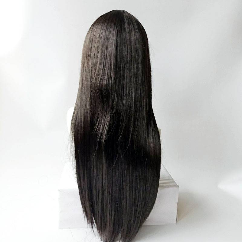 Cross -border new product wig Ms. Black mid -length straight hair chemical fiber wig European and American high -temperature silk hood