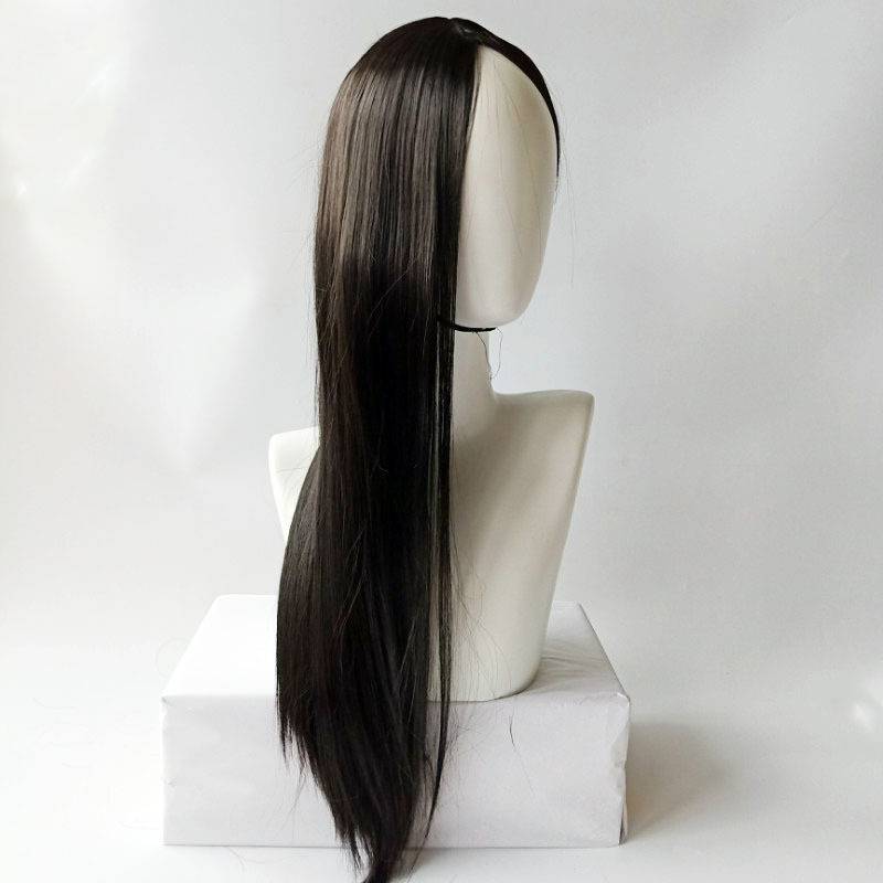 Cross -border new product wig Ms. Black mid -length straight hair chemical fiber wig European and American high -temperature silk hood