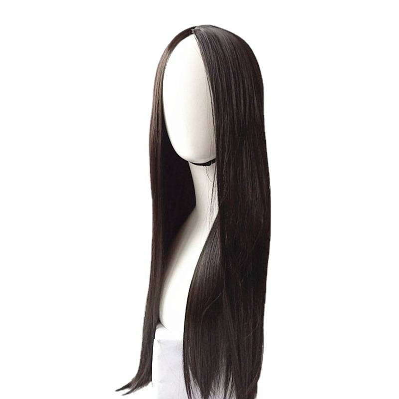 Cross -border new product wig Ms. Black mid -length straight hair chemical fiber wig European and American high -temperature silk hood