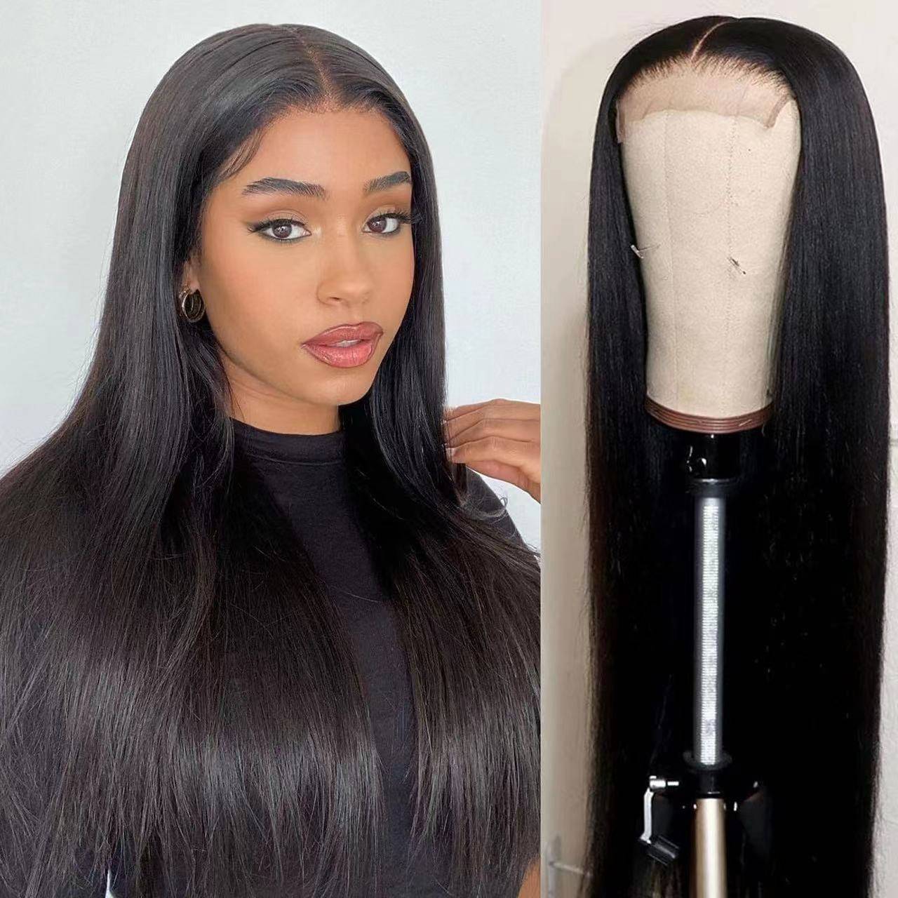 2023 Amazon European and American former lace fake head cover black long straight hair cover lace head cover wig