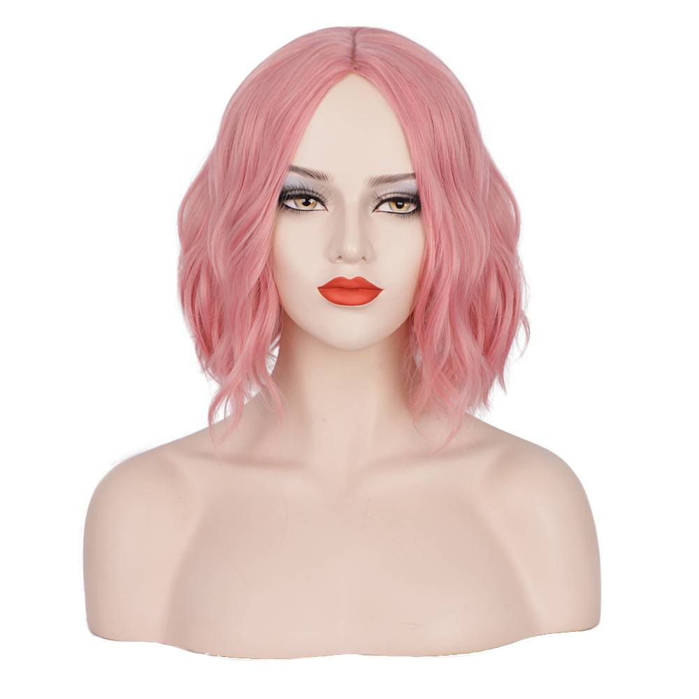 Wigs in European and American short curly hair Divide in women's head sets of pink water ripples short curly hair live stage wigs