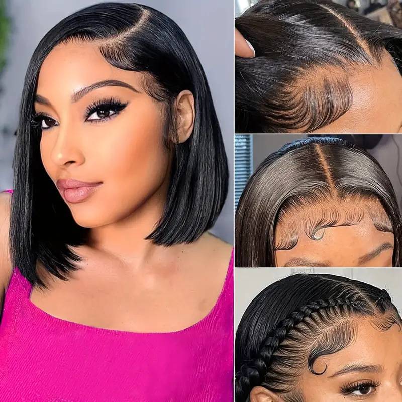 Fashionable women are divided into shoulder black short straight hair wave head front lace wig full set of hair