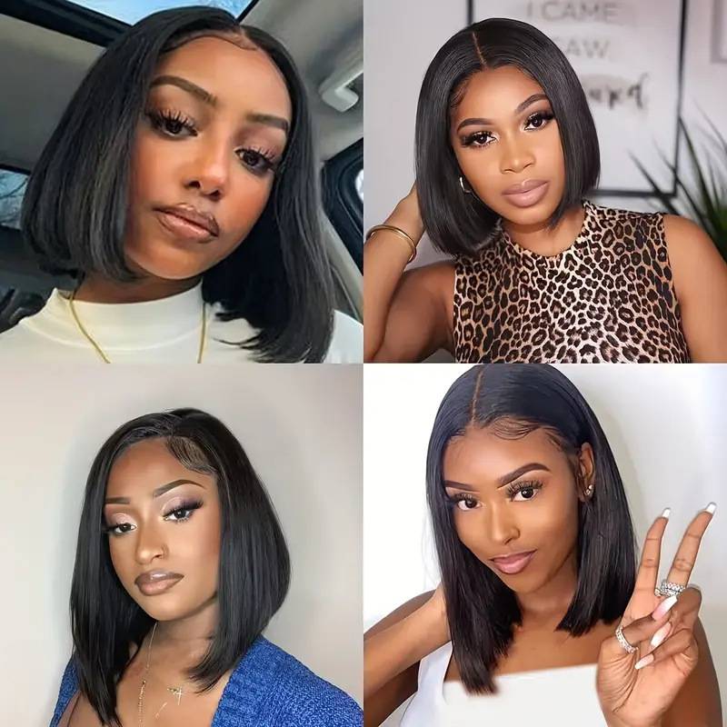 Fashionable women are divided into shoulder black short straight hair wave head front lace wig full set of hair