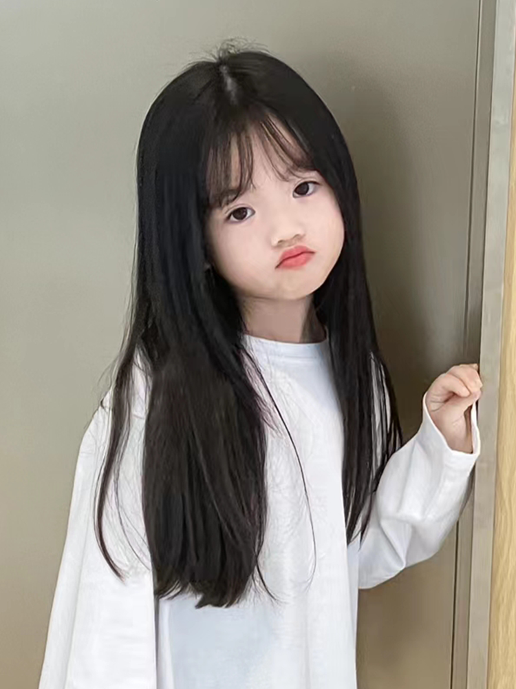 Children's wigs, long -hair air bangs, natural fluffy, top wigs, cute sweet performance full set