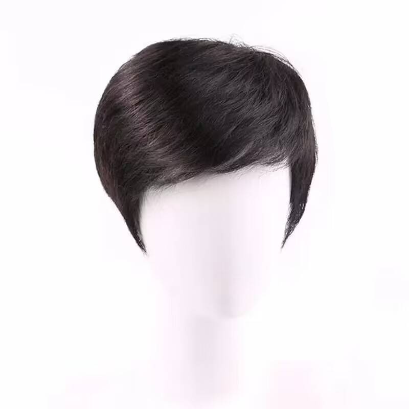 Men's high -temperature silk wig Short hair Middle -aged and elderly bangs high -grade high -end natural fluffy dad short simulation head cover