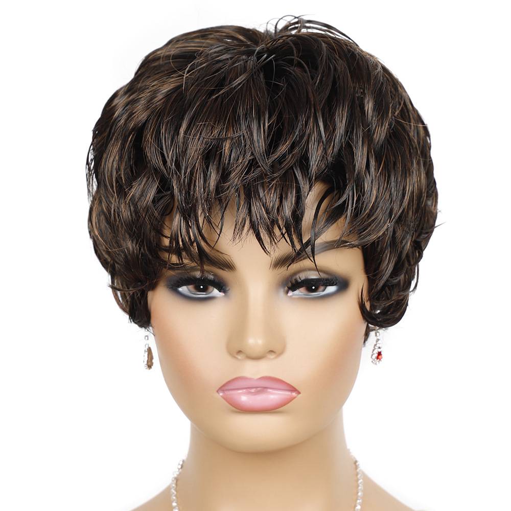 Short wig head cover, oblique bangs short hair, lady, African female fake hair short brown