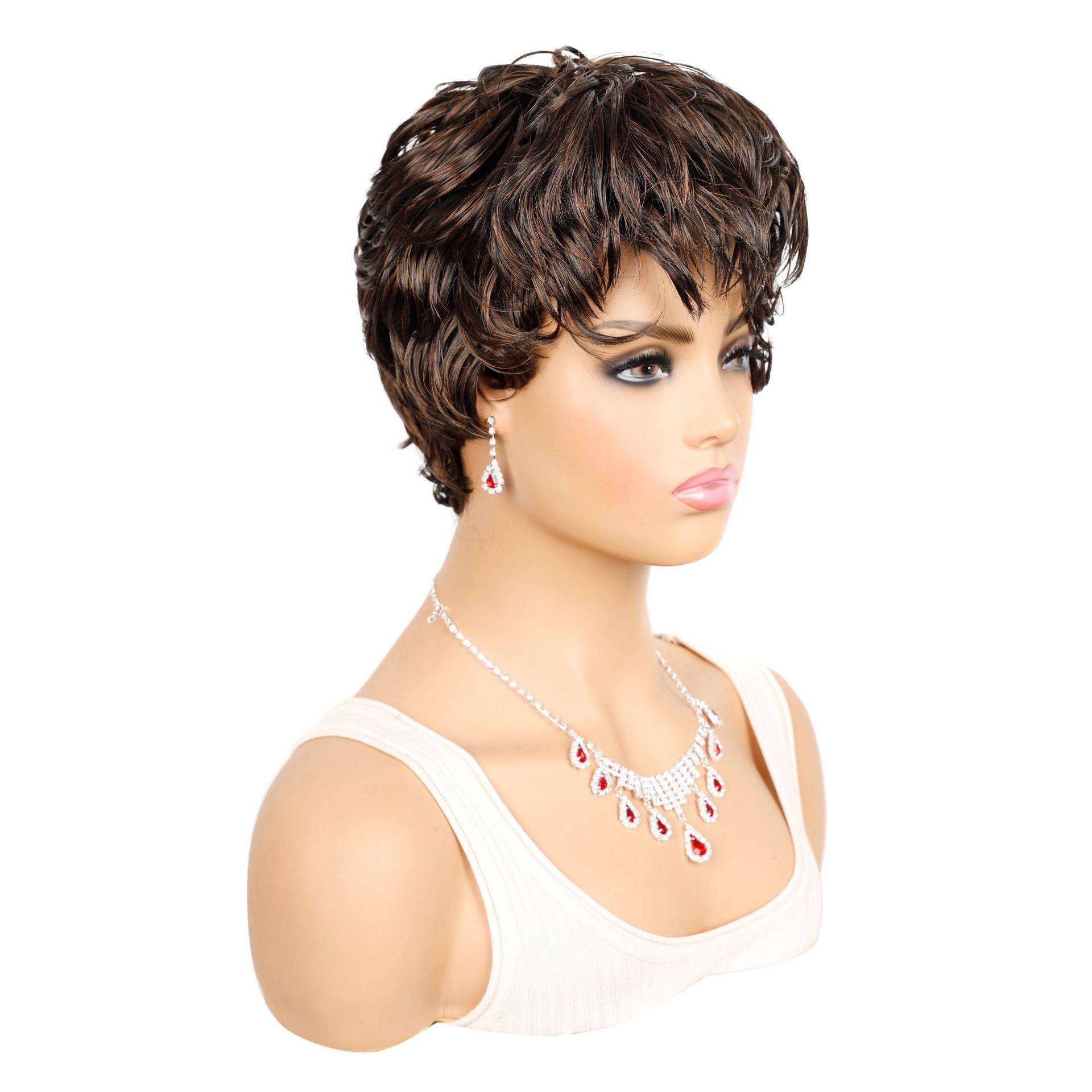 Short wig head cover, oblique bangs short hair, lady, African female fake hair short brown