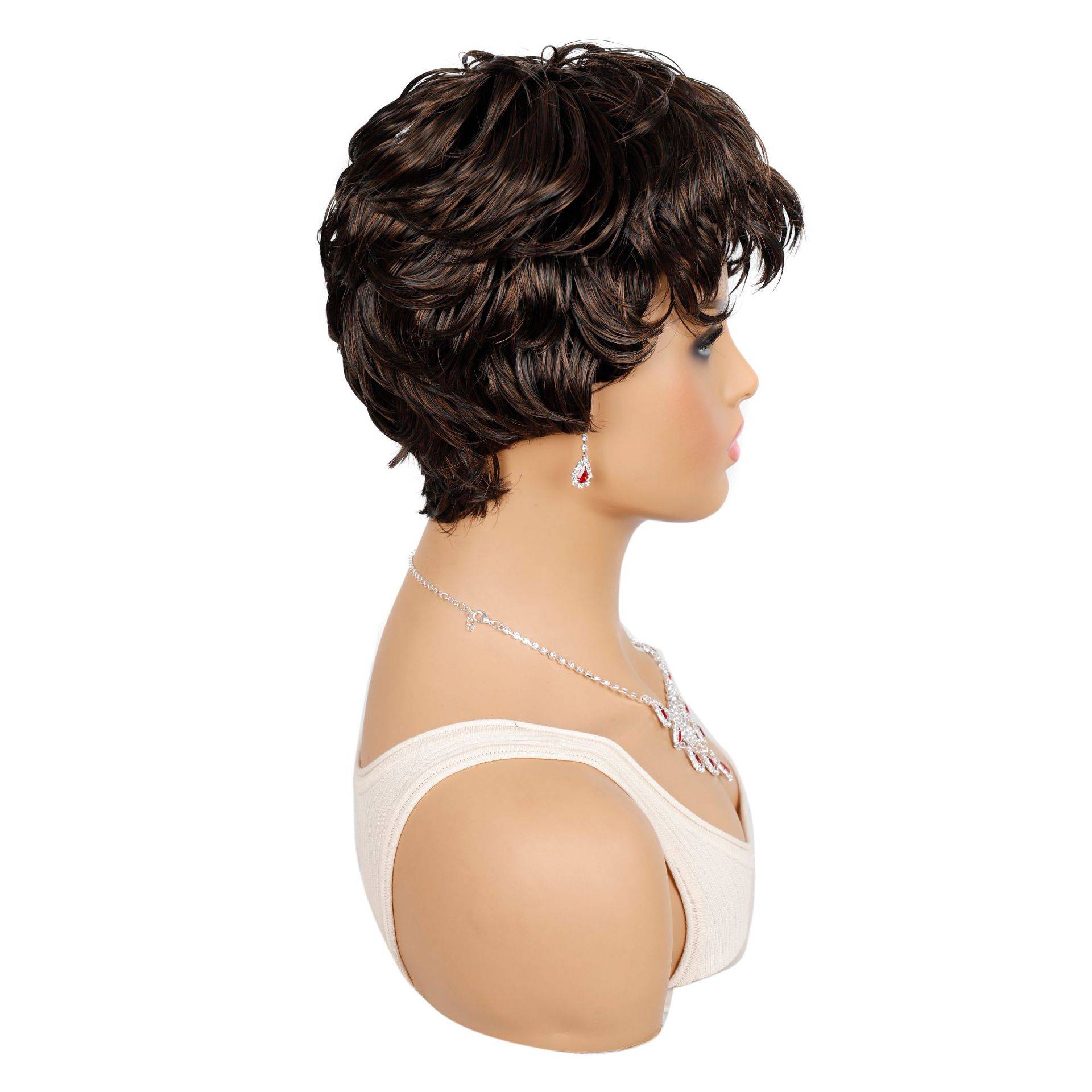 Short wig head cover, oblique bangs short hair, lady, African female fake hair short brown