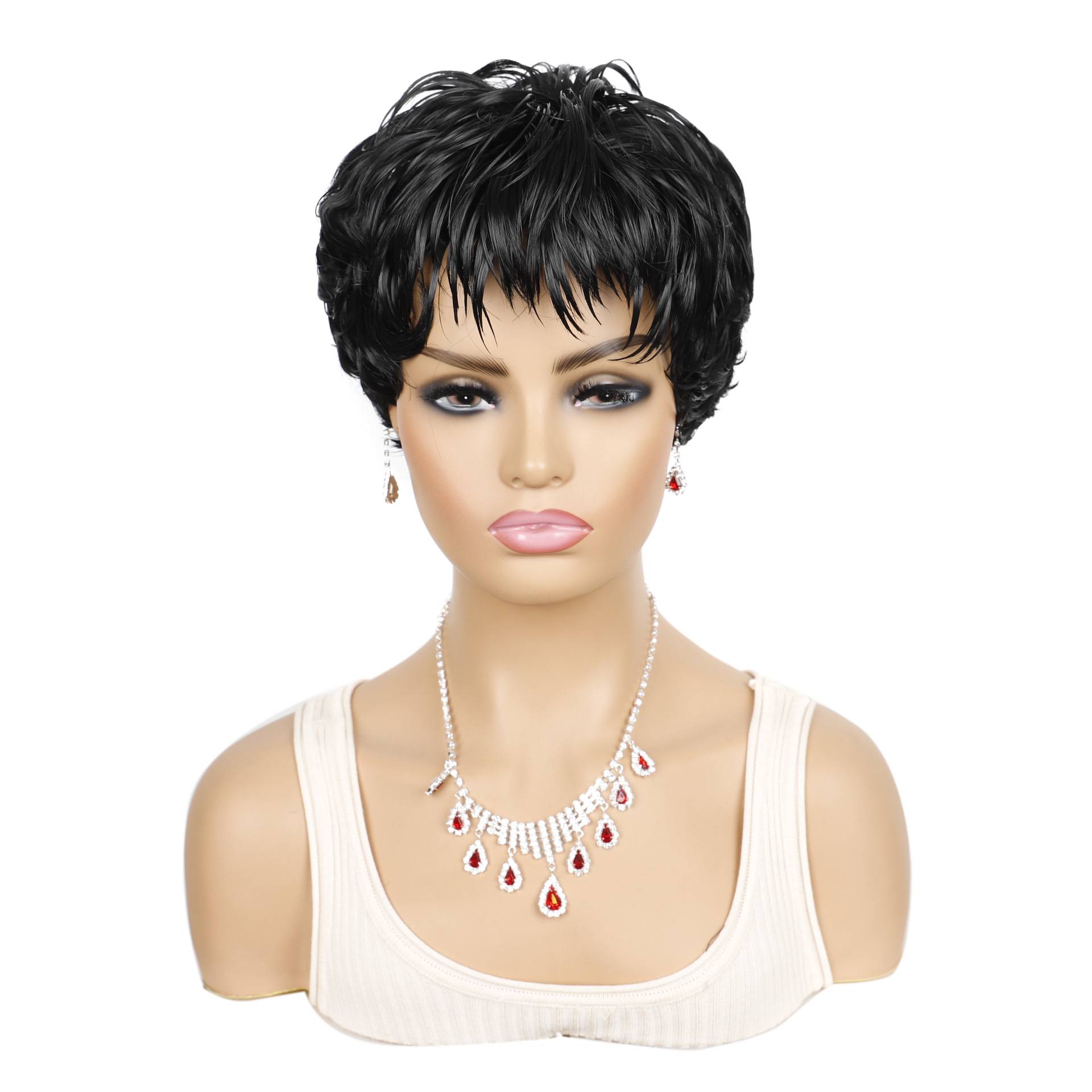 Short wig head cover, oblique bangs short hair, lady, African female fake hair short brown