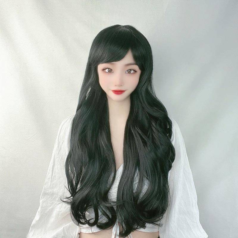 Wig female long hair European and American new products black oblique bangs long curly hair mechanism full set wig customization