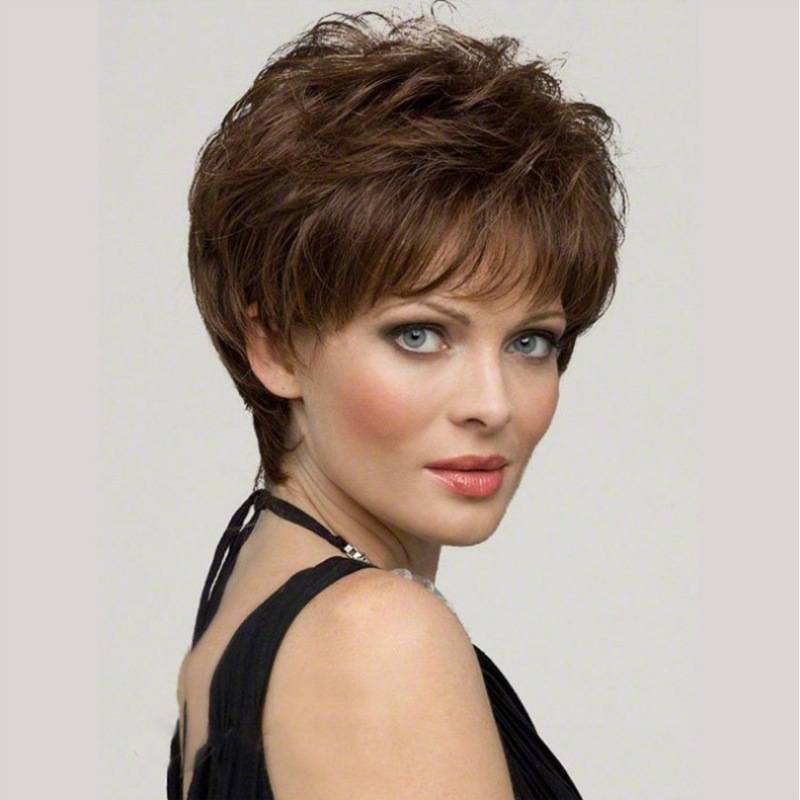 AliExpress European and American fashion ladies short hair brown slightly curly rolling whole wig head cover cross -border wig replacement