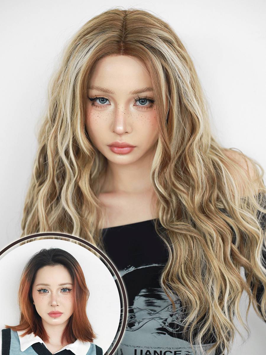 Golden long curly hair Korean medium dimbling front lace wigs naturally breathable full -headed long hair Paris painting dyeing wigs