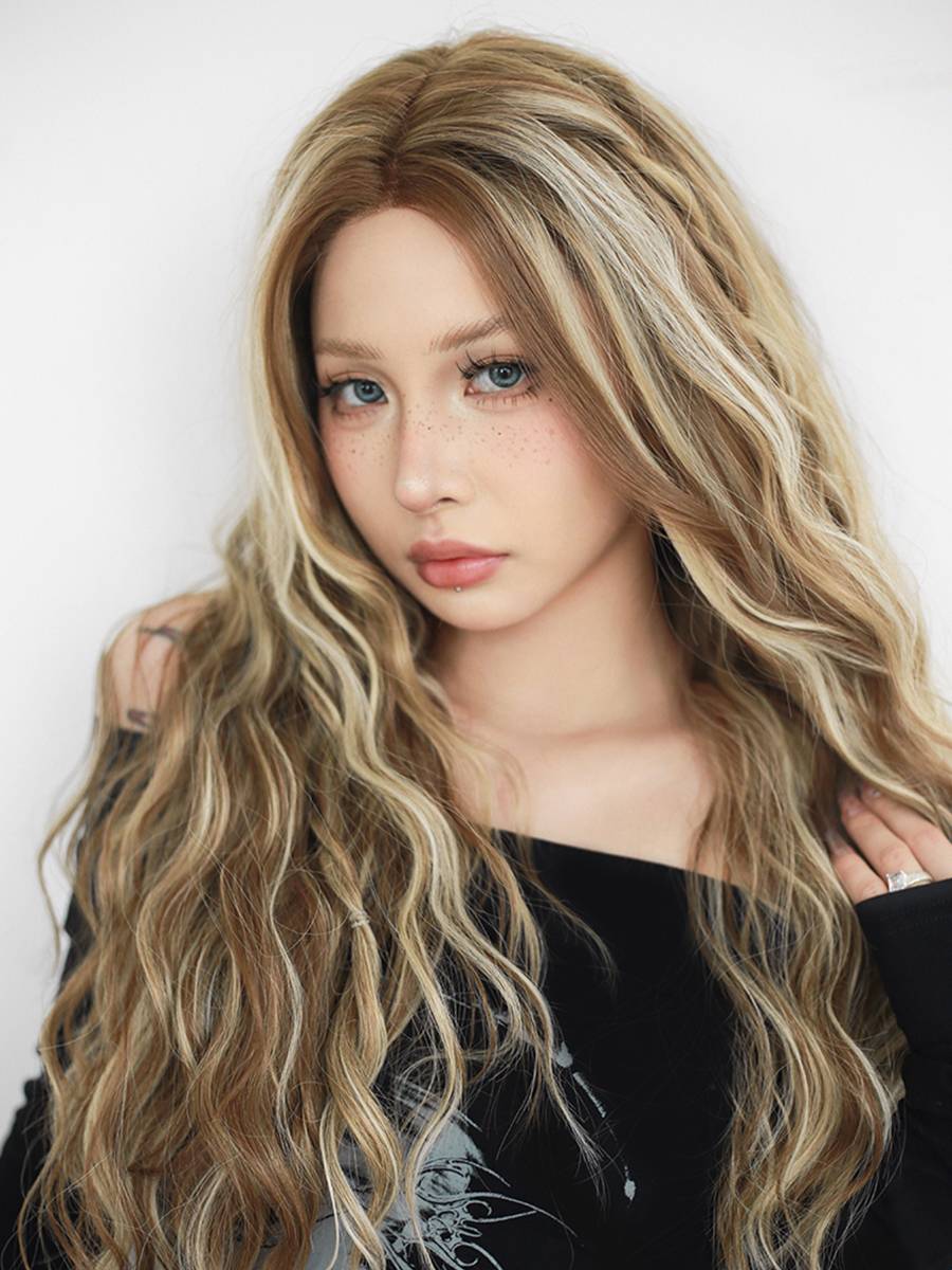 Golden long curly hair Korean medium dimbling front lace wigs naturally breathable full -headed long hair Paris painting dyeing wigs