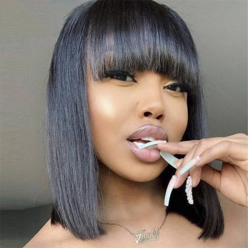 Factory European and American fake female black short straight straight bangs BOBO head fashion fibrous hood