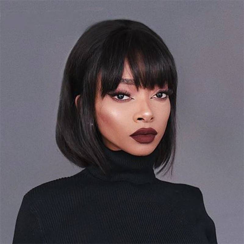 Factory European and American fake female black short straight straight bangs BOBO head fashion fibrous hood