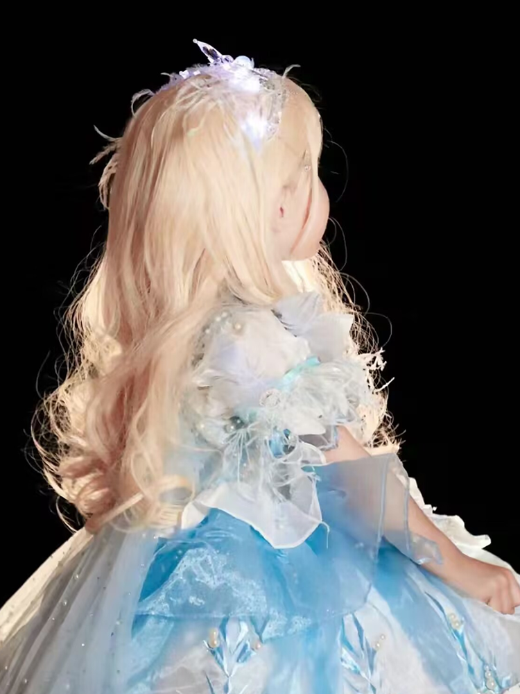 Children's fake hair girl long curly air bangs, Princess Aisha Sweet, cute light golden color whole wig