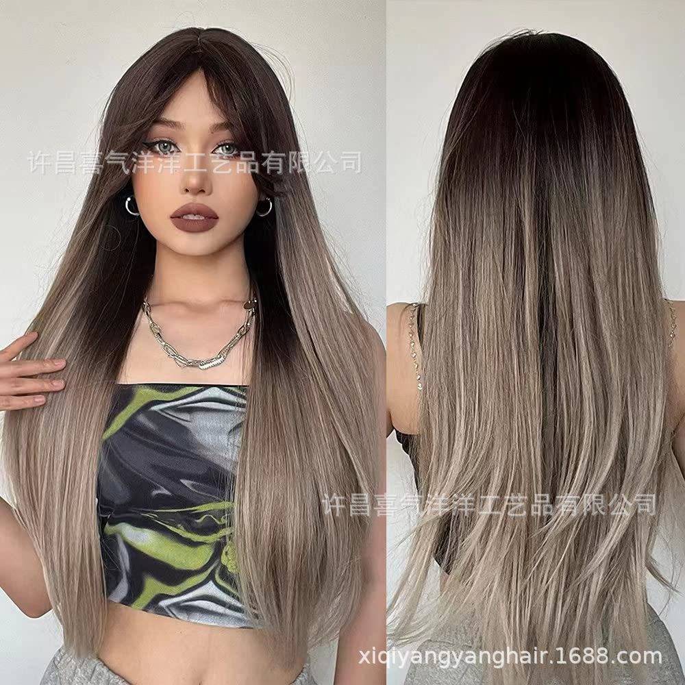 Wig new high -temperature matte fibrous silk lady long curly hair gradient color big wave color header wig wig