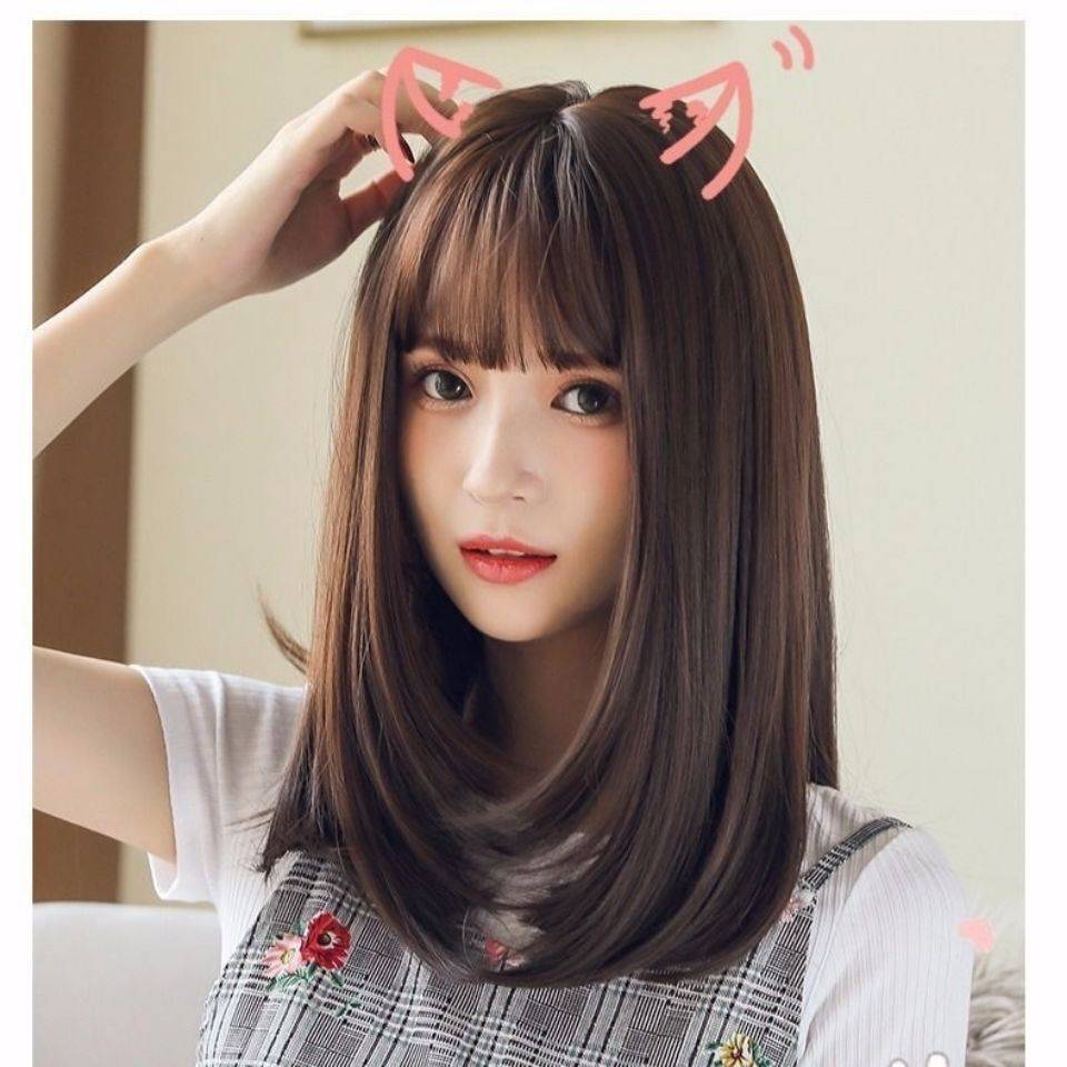 Wig female air bangs Real mid -length straight hair clavicle hair round face pear blossoms naturally fluffy full set