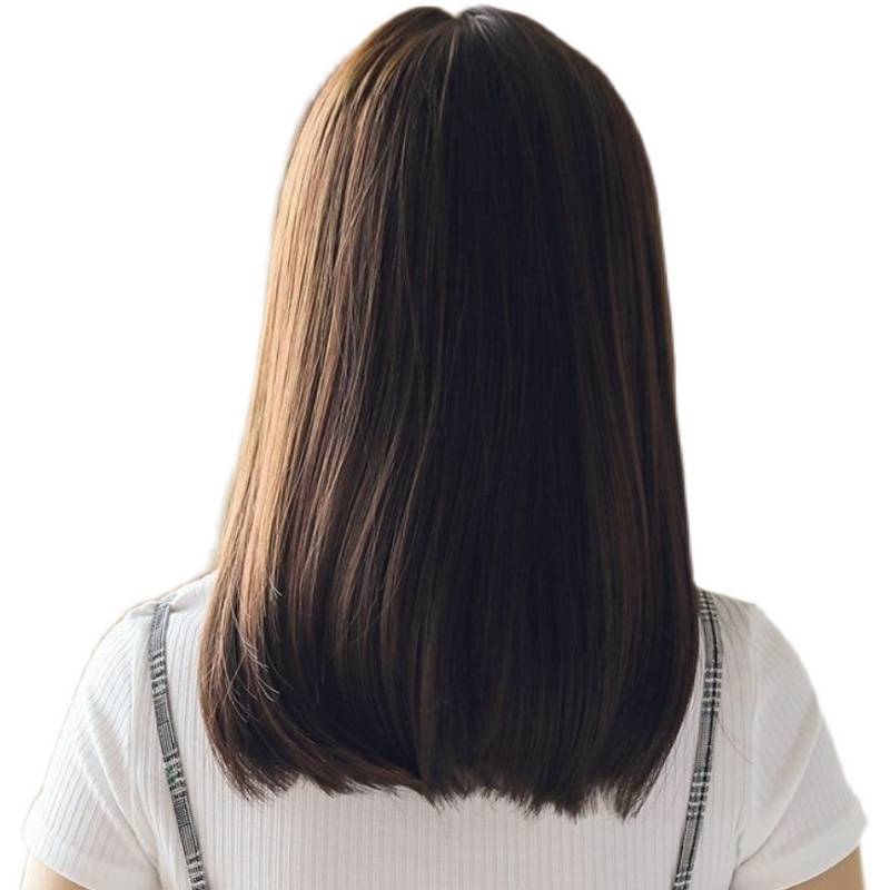 Wig female air bangs Real mid -length straight hair clavicle hair round face pear blossoms naturally fluffy full set