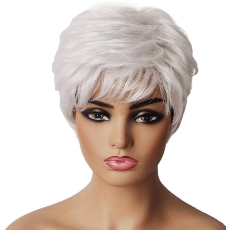 Amazon hot selling wig Elderly silver and white female short hair oblique bangs partially divided into one hair