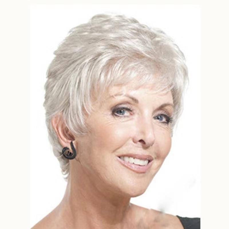 Amazon hot selling wig Elderly silver and white female short hair oblique bangs partially divided into one hair
