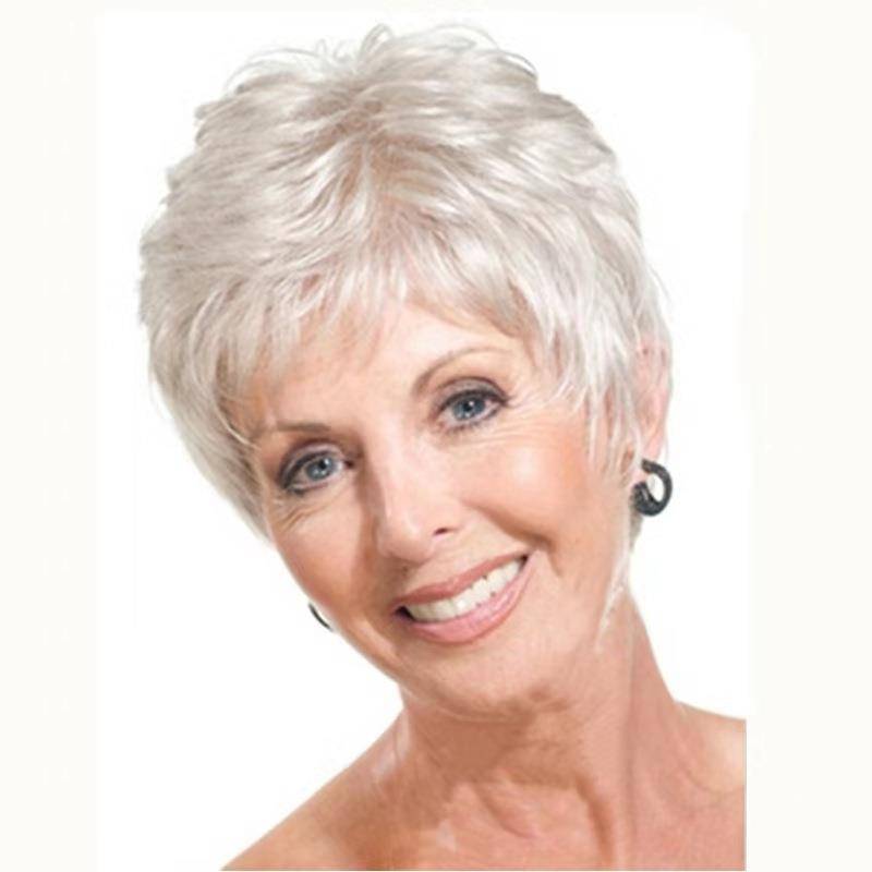 Amazon hot selling wig Elderly silver and white female short hair oblique bangs partially divided into one hair