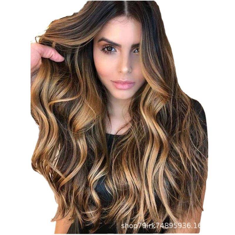 Genuine European and American wig Women's gradient brown big wave long curly rose net genuine wig manufacturers