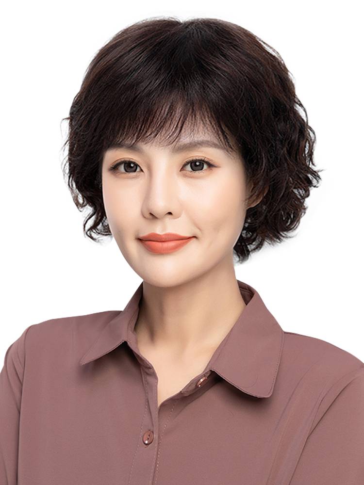 Wig short hair female mother full set of middle -aged and elderly ladies real hair reducing age reduction 2022 True curly hair cover