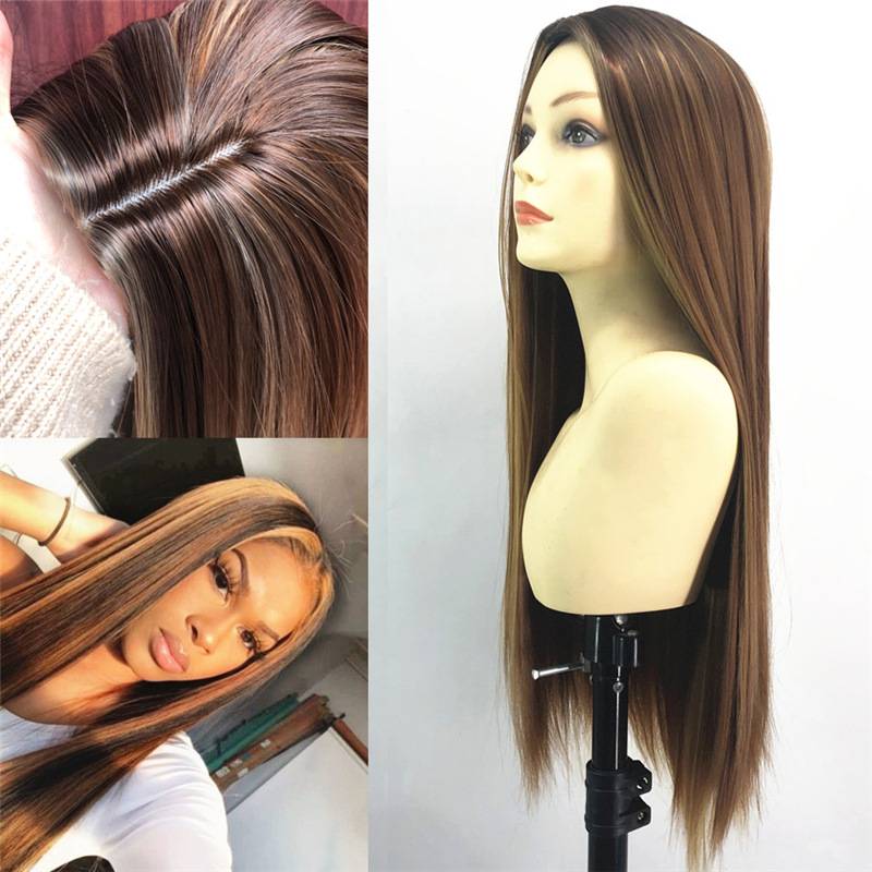 European and American fashion ladies dyeing mid -long straight hair in long hair is divided into long bangs fluffy natural chemical fiber pseudo