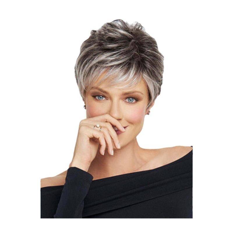 Amazon's new fashion gradient silver gray lady short hair wig oblique bangs high temperature silk wig