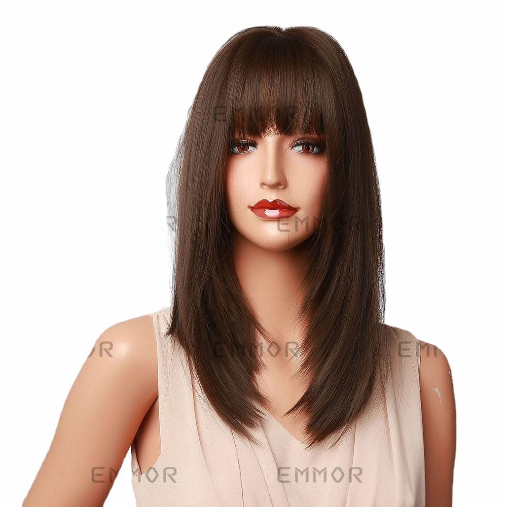 Cross -border European and American fake bangs black brown shoulder -length hair tail curls to decorate face shape high temperature silk wigs