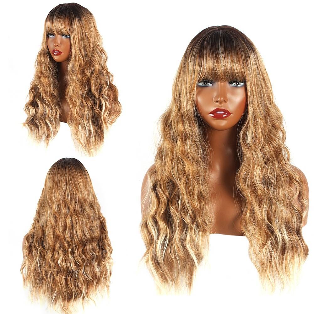 Huafei European and American wigs Qi Liu Hai Brown Gradient Dye Dye Large Wave long curly hair High -temperature silk wig