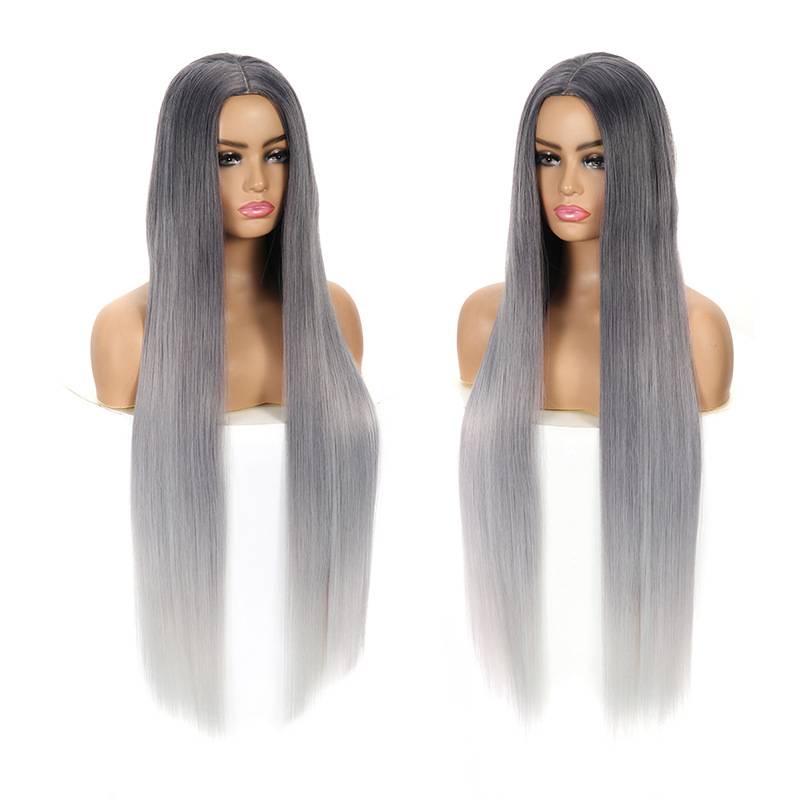European and American wig 100cm long ladies straight hair black and gray gradient color chemical fiber high -temperature silk sheet manufacturer wig