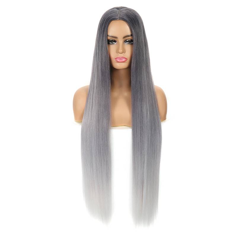 European and American wig 100cm long ladies straight hair black and gray gradient color chemical fiber high -temperature silk sheet manufacturer wig