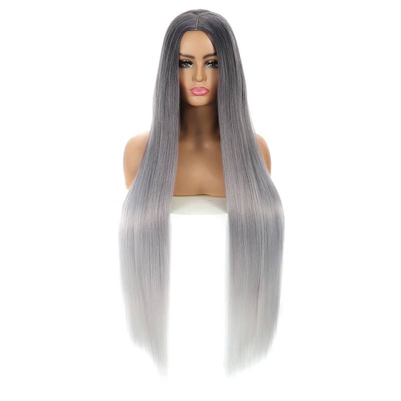 European and American wig 100cm long ladies straight hair black and gray gradient color chemical fiber high -temperature silk sheet manufacturer wig