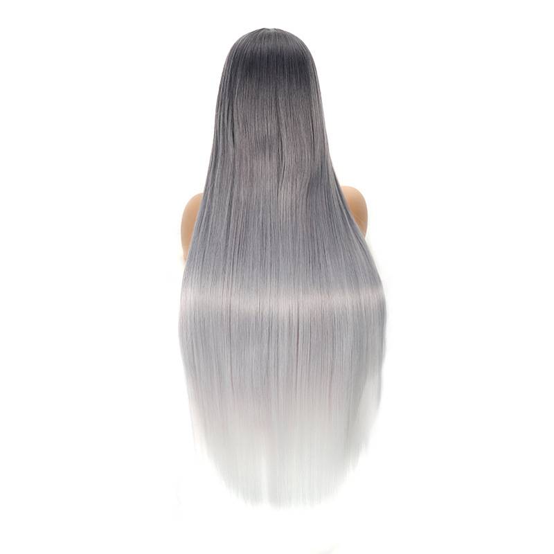 European and American wig 100cm long ladies straight hair black and gray gradient color chemical fiber high -temperature silk sheet manufacturer wig