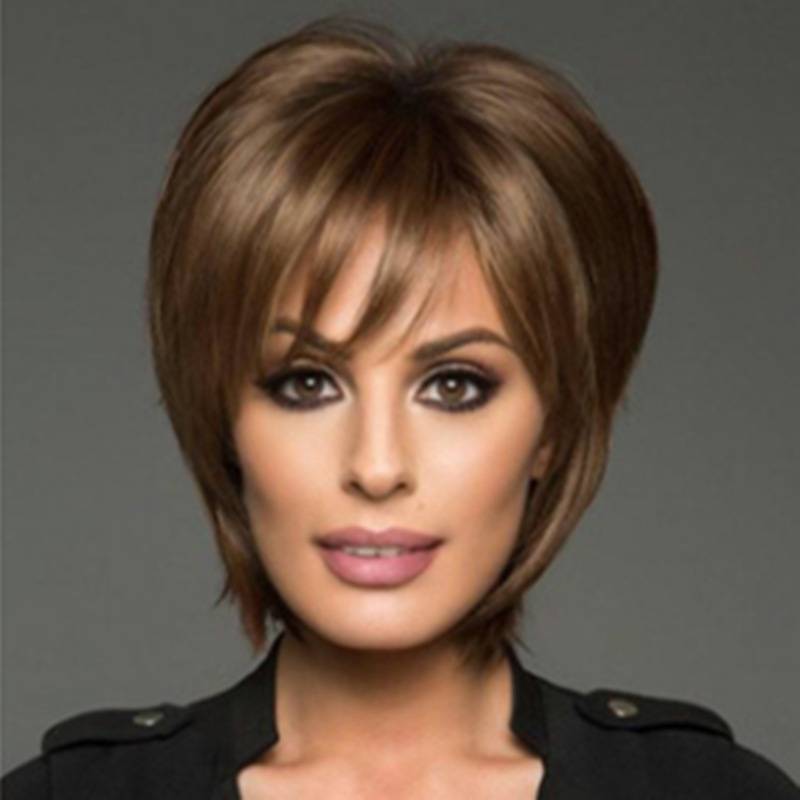 Ladies middle -aged and elderly wig Dark brown short straight hair fluffy and realistic mothers chemical fiber short hair wig