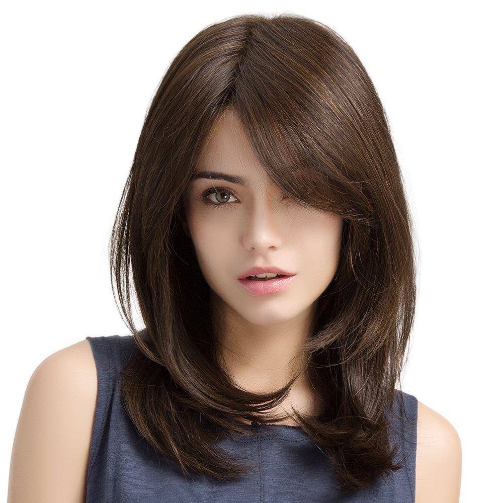 European and American ladies wig oblique bangs long curly hair red -brown pear buckle medium long hair multi -color Wish supply
