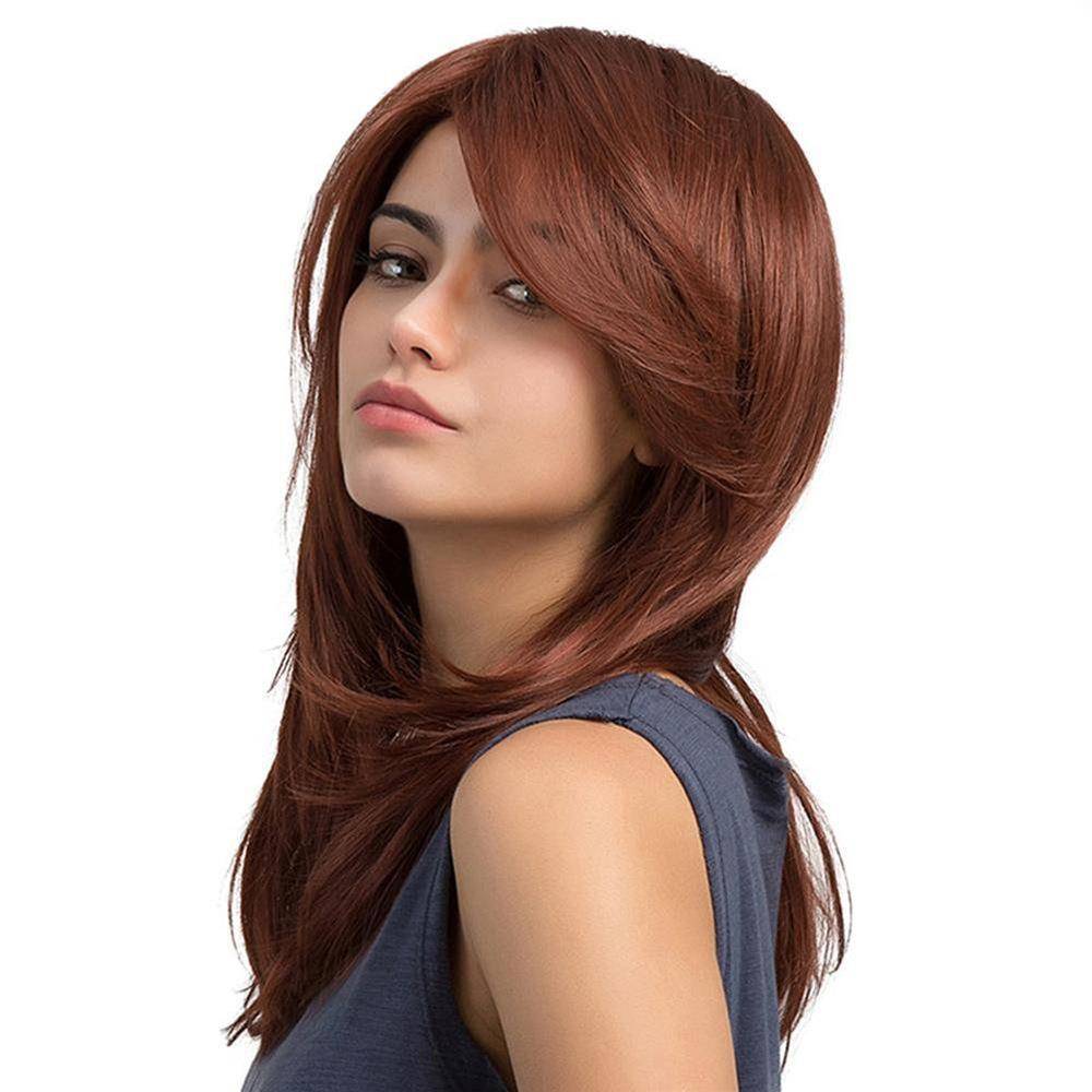 European and American ladies wig oblique bangs long curly hair red -brown pear buckle medium long hair multi -color Wish supply