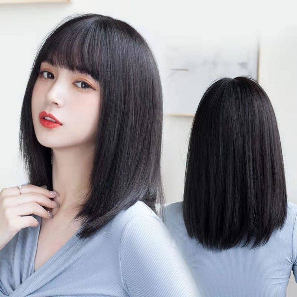 Wig female short hair female medium long hair full set of natural air bangs hair set net red temperament whole wig
