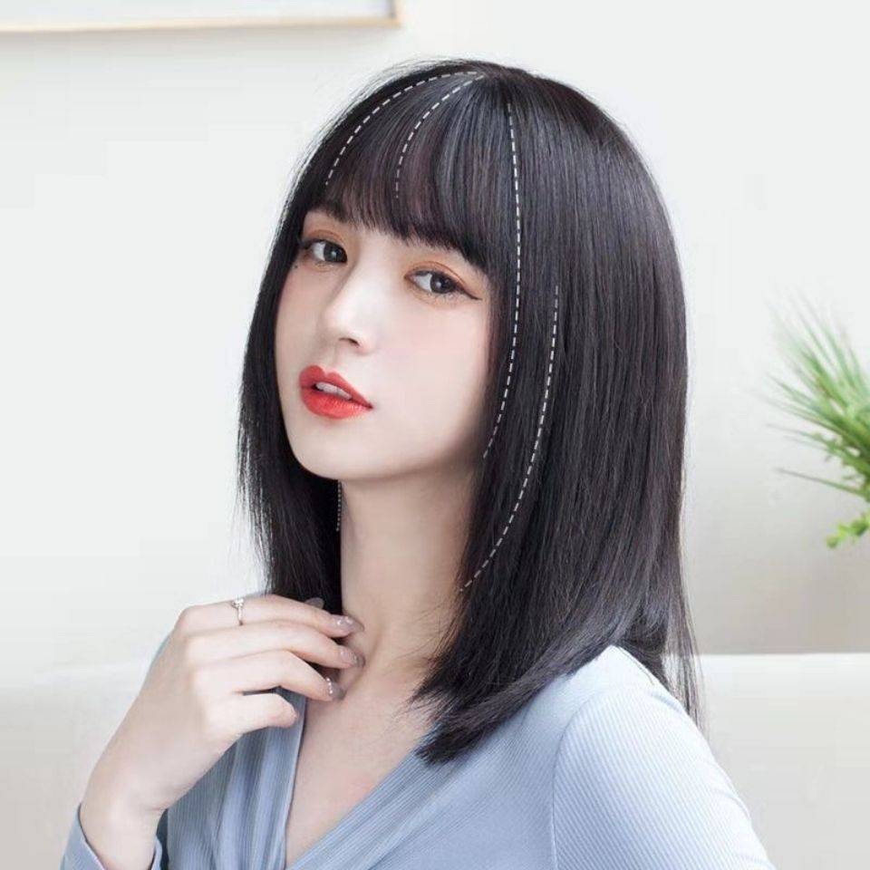 Wig female short hair female medium long hair full set of natural air bangs hair set net red temperament whole wig