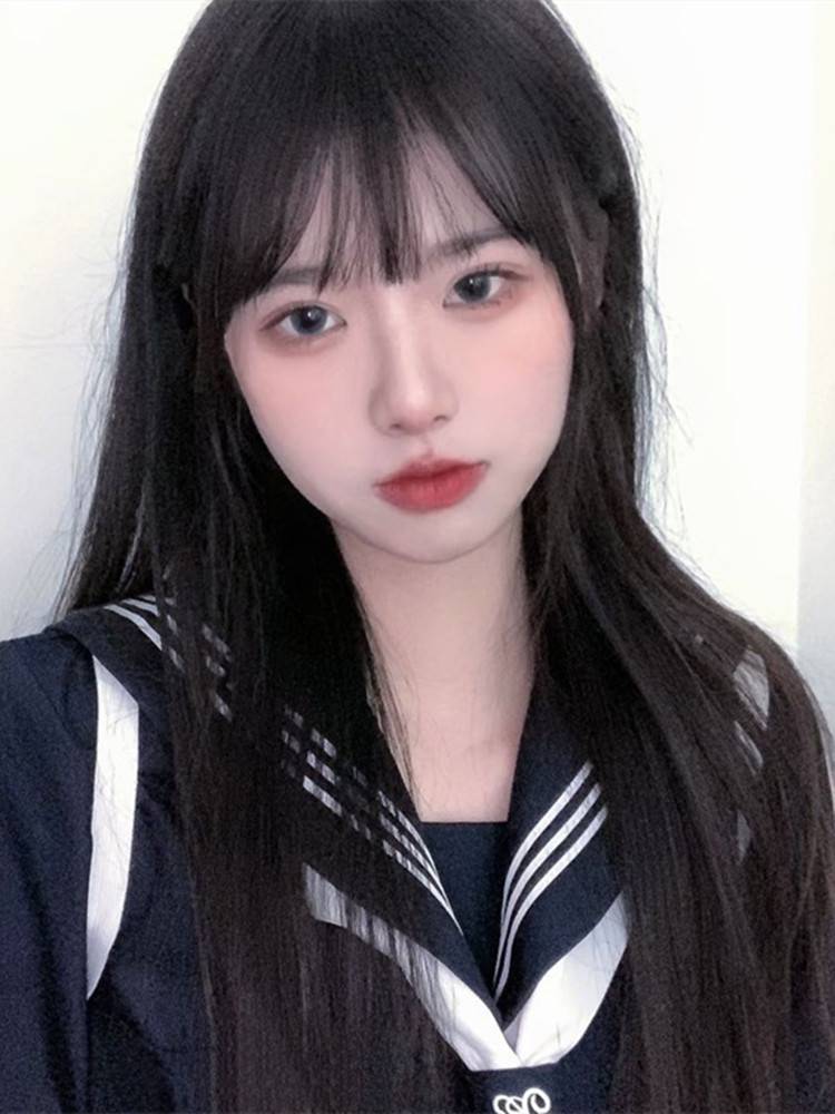 Wigmail female long -haired air bangs, natural, realistic simulation, fake hair, temperament, face black full top