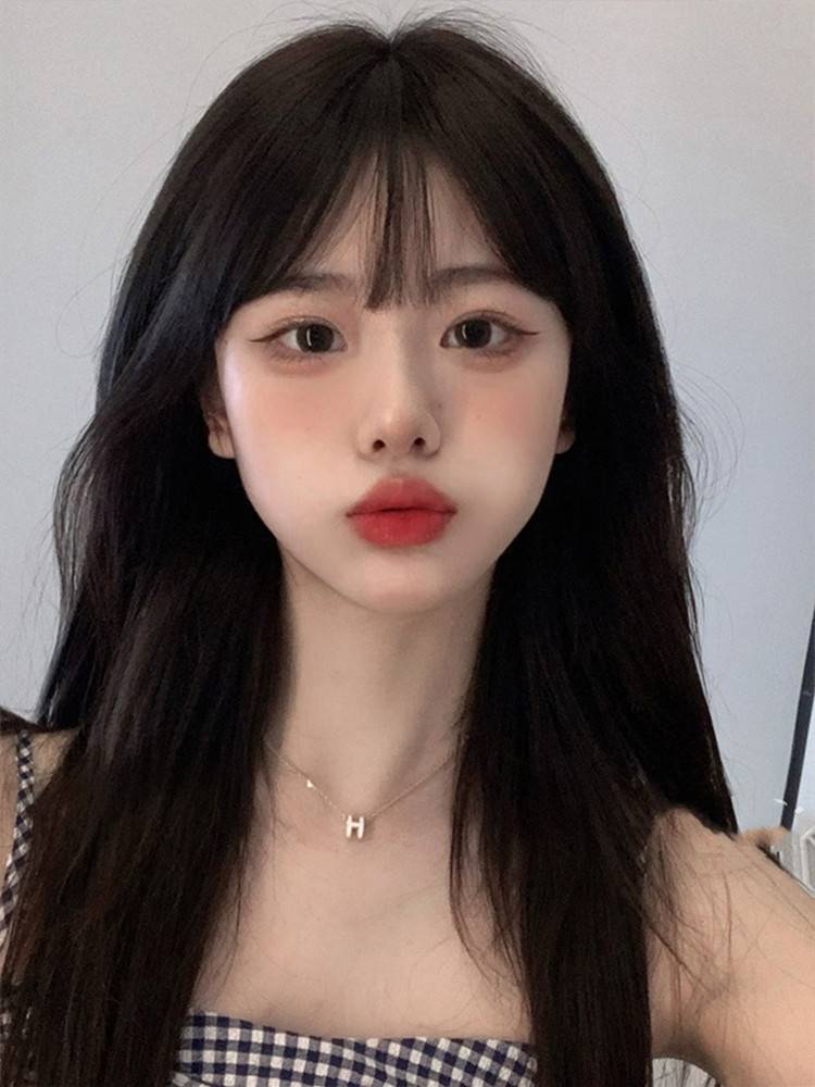 Wigmail female long -haired air bangs, natural, realistic simulation, fake hair, temperament, face black full top