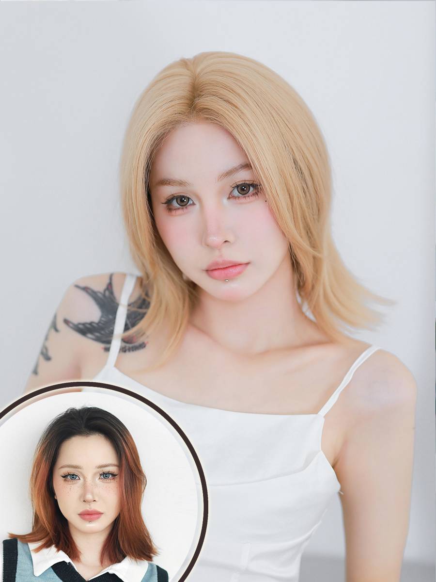 Wig up golden brown in the bangs wigs full header, short hair, high temperature silk natural clavicle short hair