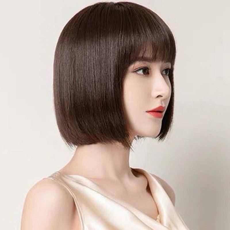 Female bobo short straight hair 2021 new fashion fluffy and oblique bangs repair face, natural full head wig
